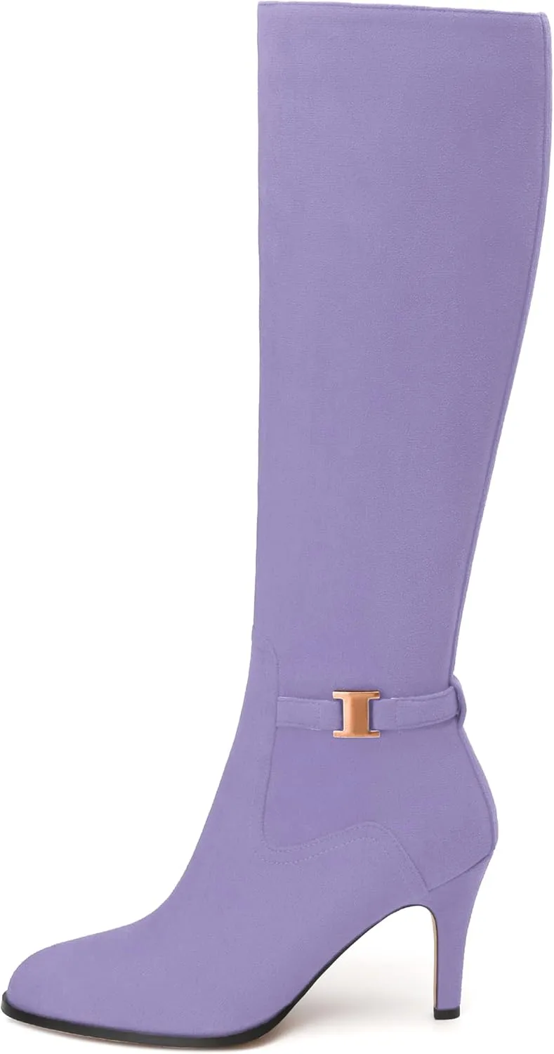 MODENCOCO Knee High Boots for Women Stiletto High Heel Pointed Toe Tall Boots Wide Calf Side Zipper Dress Long Boots Fall Winter Shoes