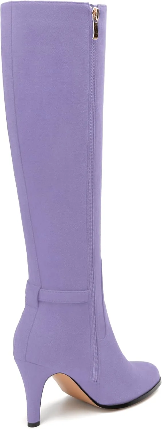 MODENCOCO Knee High Boots for Women Stiletto High Heel Pointed Toe Tall Boots Wide Calf Side Zipper Dress Long Boots Fall Winter Shoes