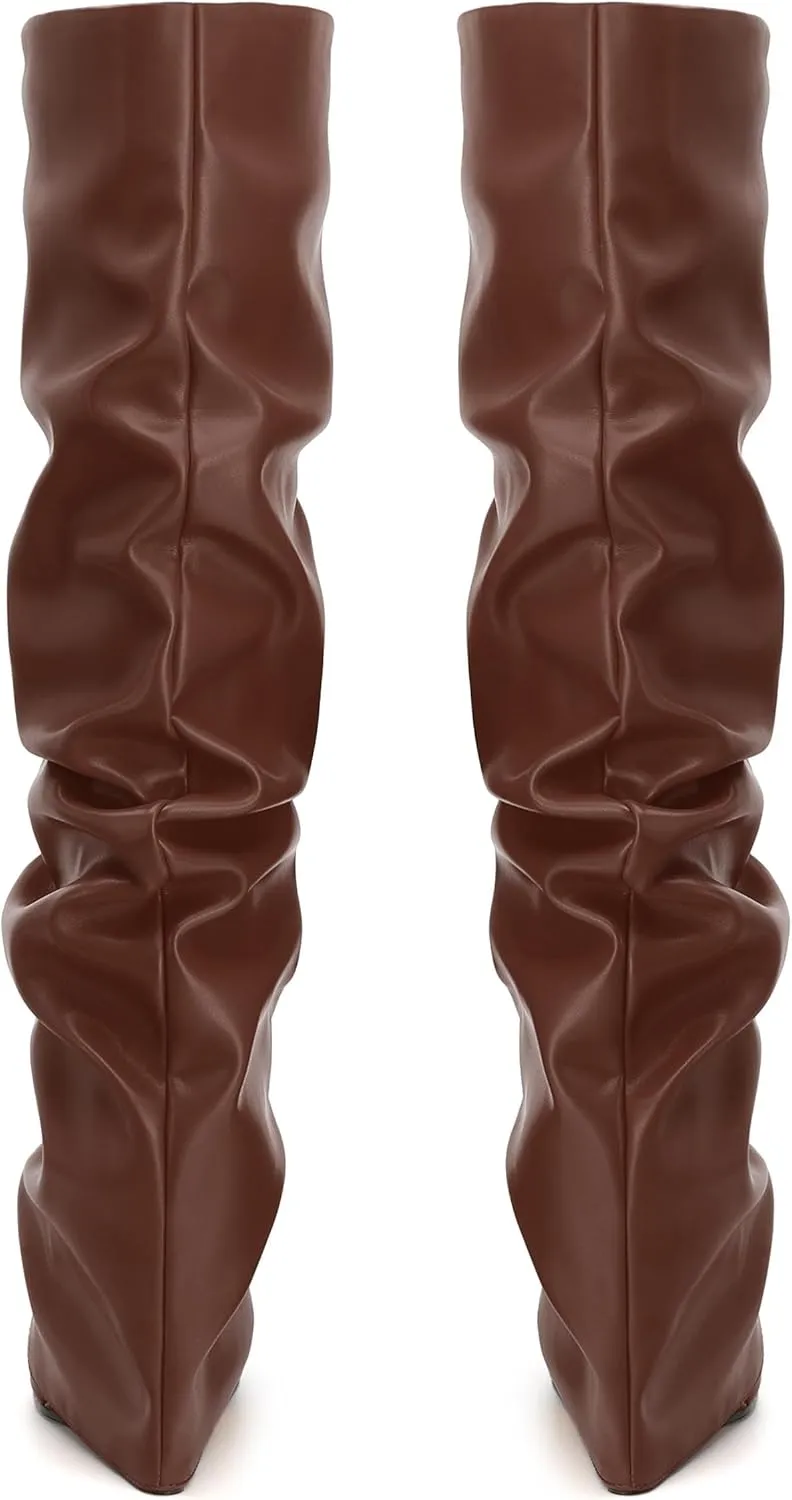 MODENCOCO Women's Fold Over Knee High Boots Wedge Heel Pointed Toe Boots High Heels Wide Calf Ruched Slouchy Pleated Dress Boots Tall Boots for Women