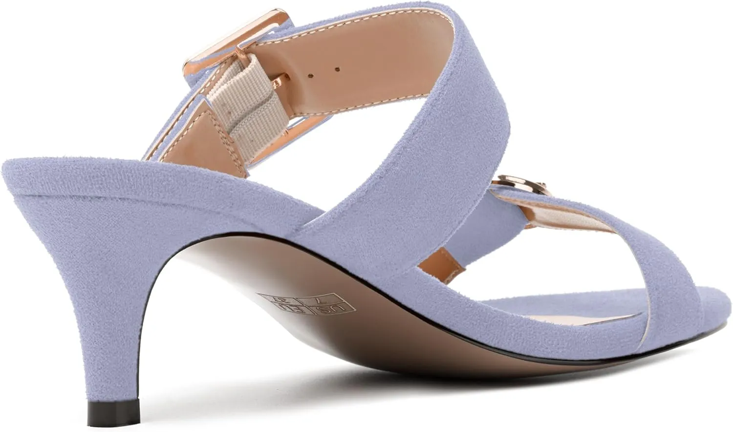 MODENCOCO Womens Kitten Heel Sandals Slip on Mules Low Heels Open Square Toe Suede Two Strap Summer Wedding Party Dressy Shoes