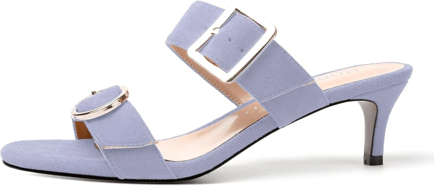 MODENCOCO Womens Kitten Heel Sandals Slip on Mules Low Heels Open Square Toe Suede Two Strap Summer Wedding Party Dressy Shoes