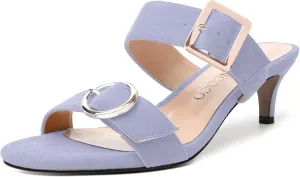 MODENCOCO Womens Kitten Heel Sandals Slip on Mules Low Heels Open Square Toe Suede Two Strap Summer Wedding Party Dressy Shoes