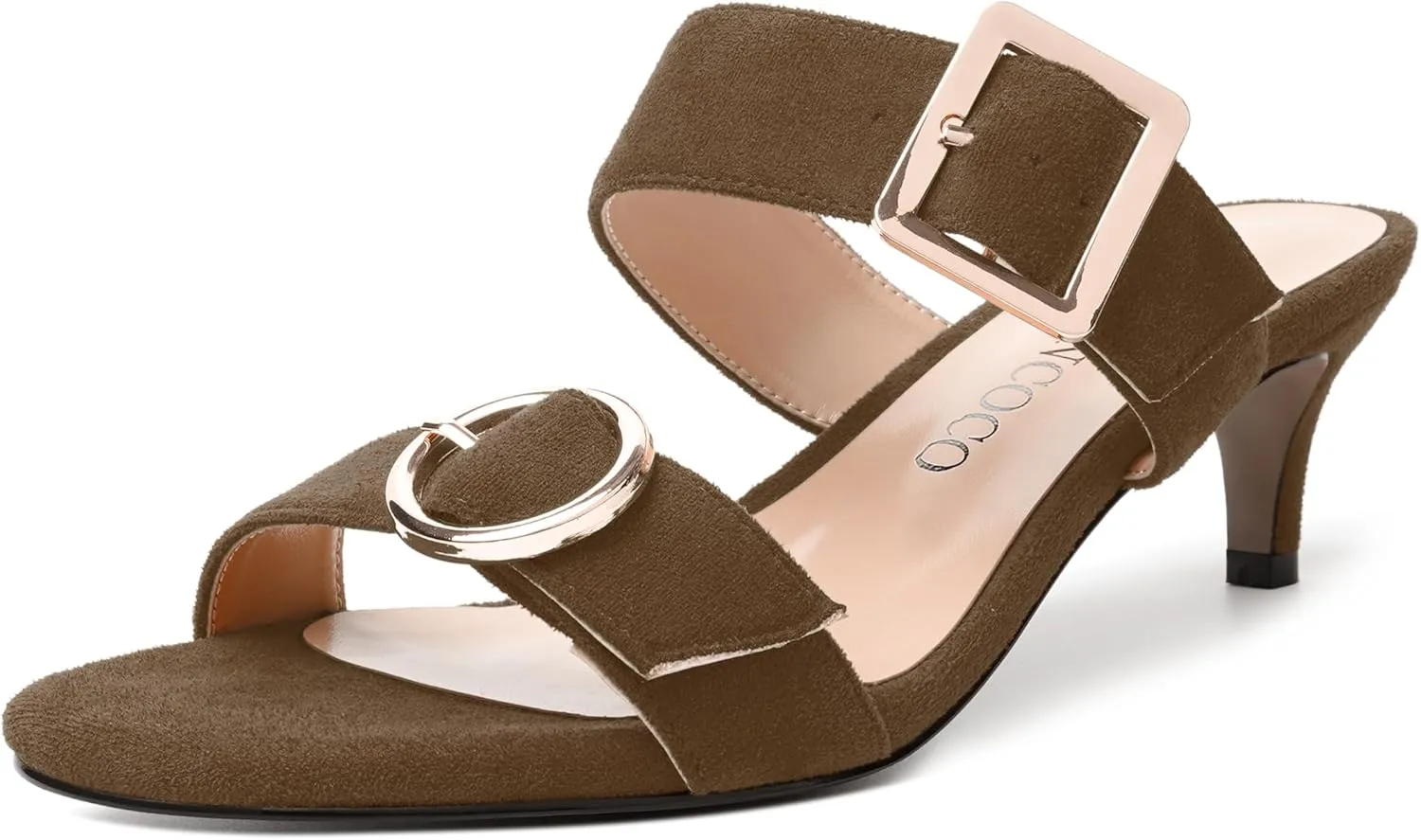 MODENCOCO Womens Kitten Heel Sandals Slip on Mules Low Heels Open Square Toe Suede Two Strap Summer Wedding Party Dressy Shoes