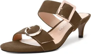 MODENCOCO Womens Kitten Heel Sandals Slip on Mules Low Heels Open Square Toe Suede Two Strap Summer Wedding Party Dressy Shoes