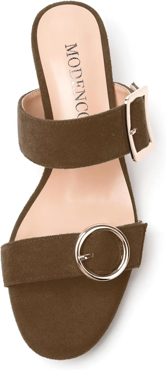 MODENCOCO Womens Kitten Heel Sandals Slip on Mules Low Heels Open Square Toe Suede Two Strap Summer Wedding Party Dressy Shoes