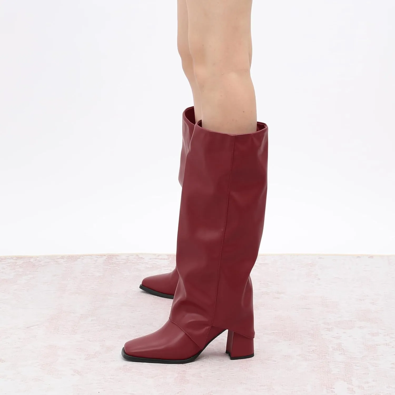 MODENCOCO Women's Knee High Boots Fold Over Wide Calf Boots Square Toe Chunky Block High Heels Long Boots Comfortable Dress Fashion Tall Boots