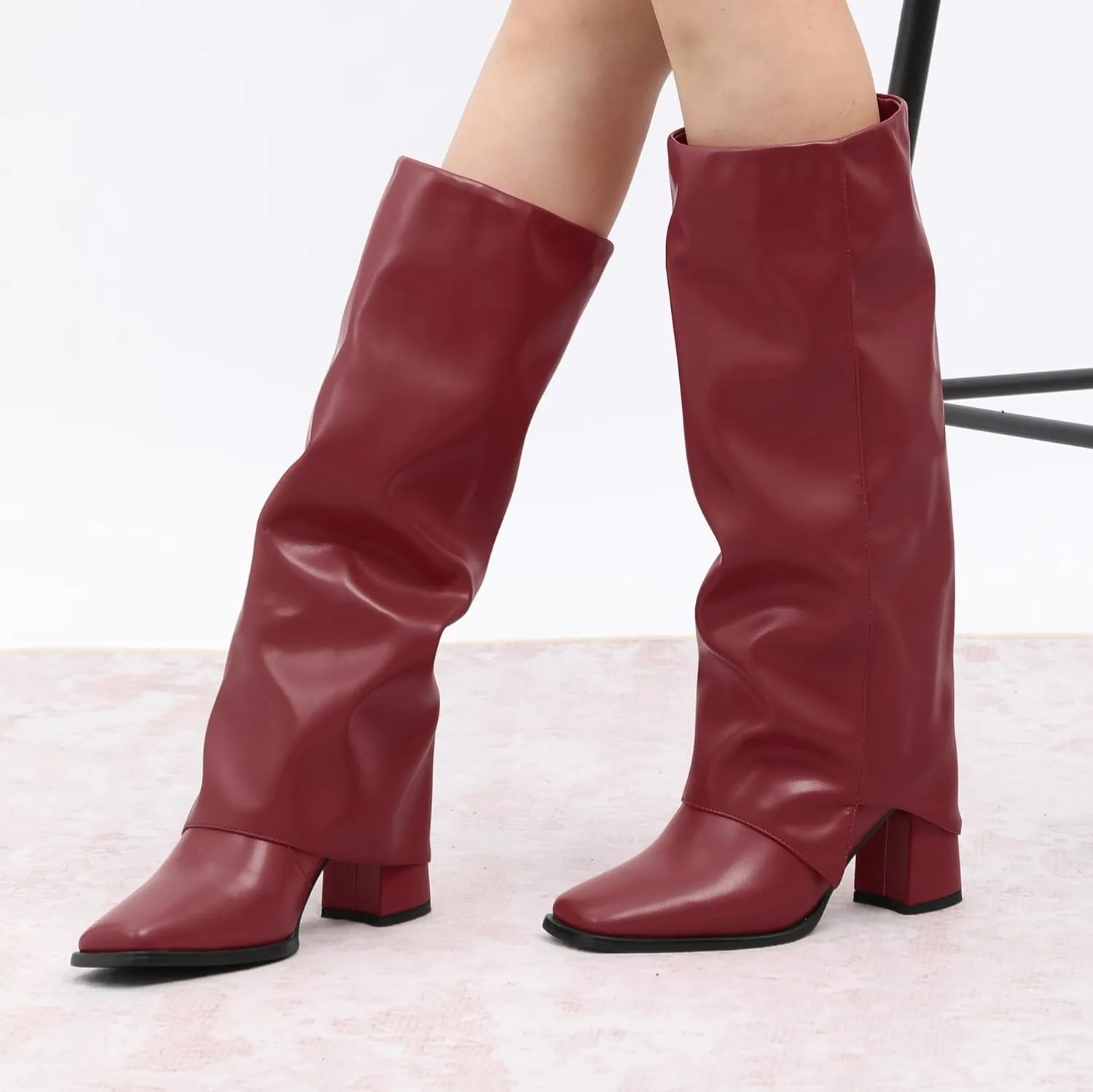 MODENCOCO Women's Knee High Boots Fold Over Wide Calf Boots Square Toe Chunky Block High Heels Long Boots Comfortable Dress Fashion Tall Boots