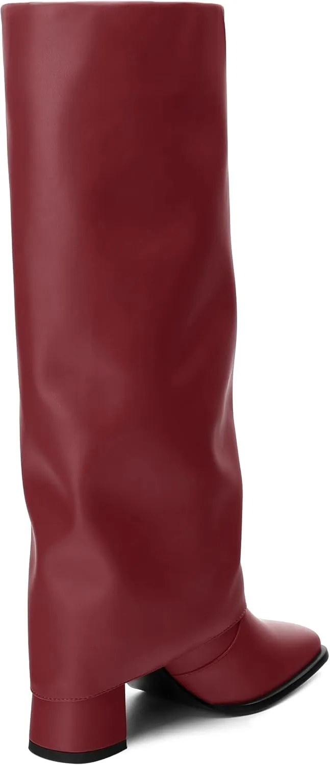 MODENCOCO Women's Knee High Boots Fold Over Wide Calf Boots Square Toe Chunky Block High Heels Long Boots Comfortable Dress Fashion Tall Boots