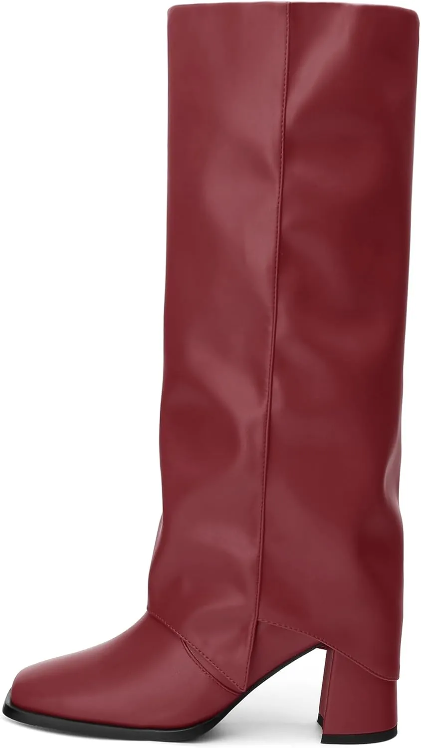 MODENCOCO Women's Knee High Boots Fold Over Wide Calf Boots Square Toe Chunky Block High Heels Long Boots Comfortable Dress Fashion Tall Boots