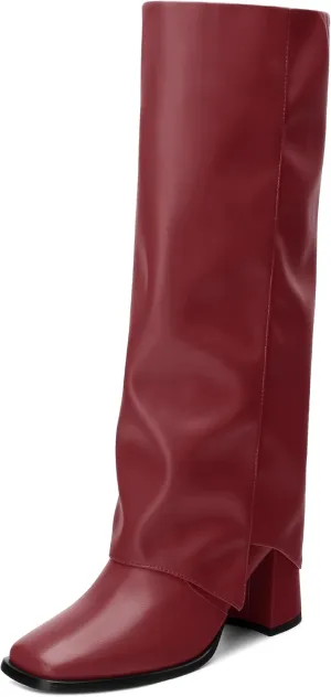 MODENCOCO Women's Knee High Boots Fold Over Wide Calf Boots Square Toe Chunky Block High Heels Long Boots Comfortable Dress Fashion Tall Boots