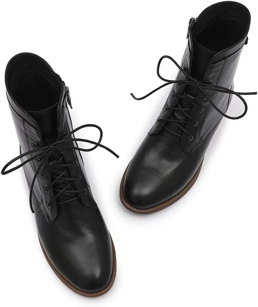 Mona flying Women's Combat Boots Mid Calf Side Zipper Fashion Lace up Soft Leather Booties Low Heel