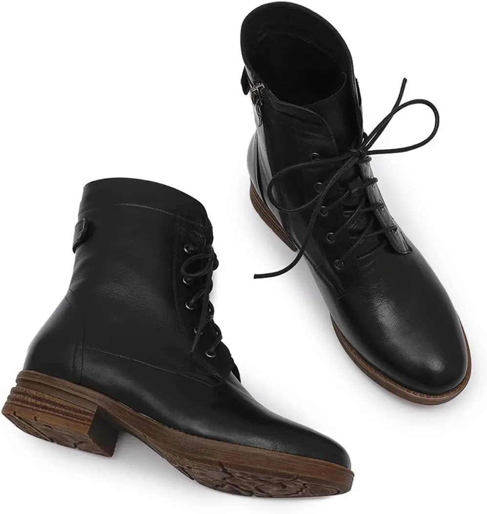 Mona flying Women's Combat Boots Mid Calf Side Zipper Fashion Lace up Soft Leather Booties Low Heel