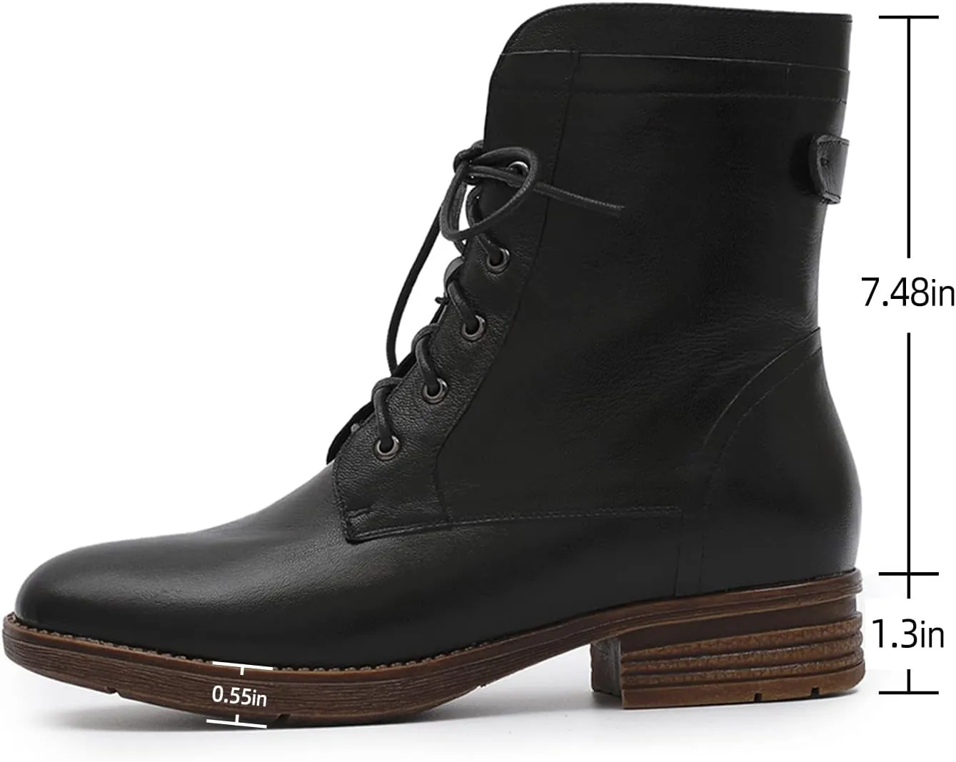 Mona flying Women's Combat Boots Mid Calf Side Zipper Fashion Lace up Soft Leather Booties Low Heel