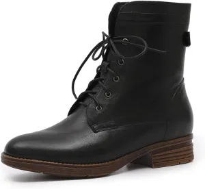 Mona flying Women's Combat Boots Mid Calf Side Zipper Fashion Lace up Soft Leather Booties Low Heel