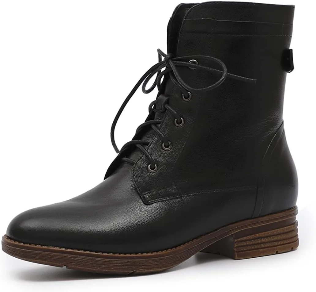 Mona flying Women's Combat Boots Mid Calf Side Zipper Fashion Lace up Soft Leather Booties Low Heel