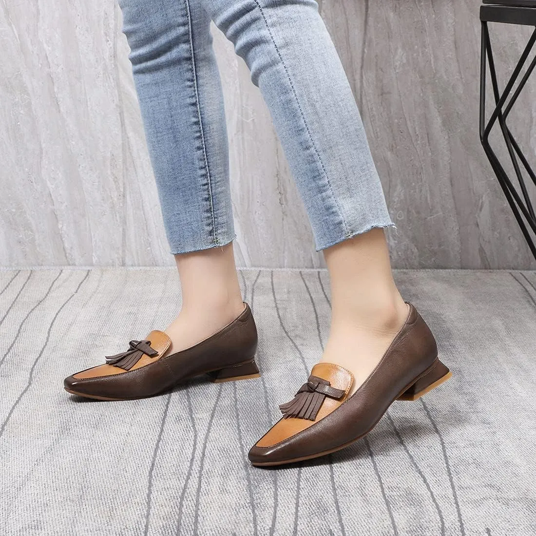 Mona flying Women's Leather Square Toe Penny Loafer Comfort Dress Casual Slip on Flat Office Work Shoes for Ladies