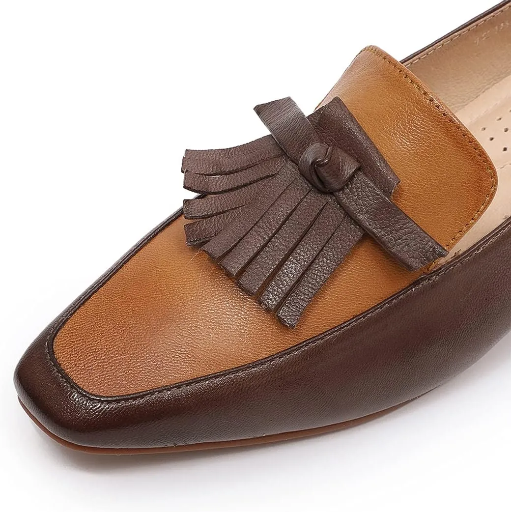 Mona flying Women's Leather Square Toe Penny Loafer Comfort Dress Casual Slip on Flat Office Work Shoes for Ladies