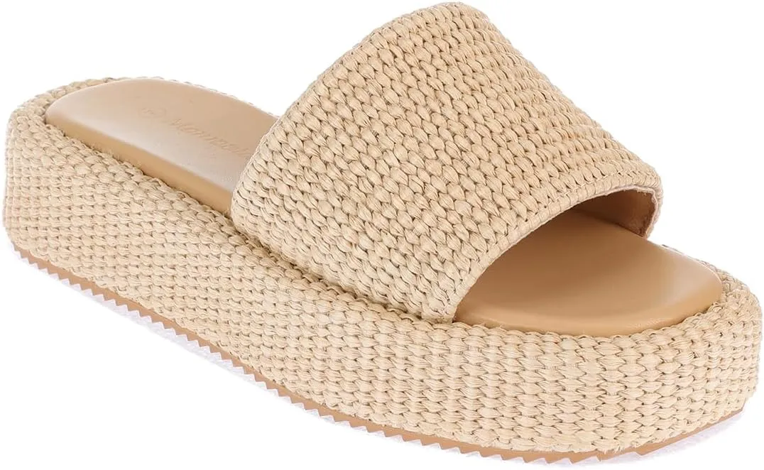 Monrovia Platform Sandals for Women, Wedge Espadrille Slides with Raffia Straw, Comfortable Brown Summer Sandals for Beach, Walking, Camping, Vacation
