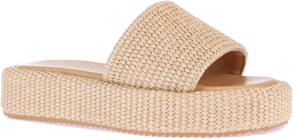Monrovia Platform Sandals for Women, Wedge Espadrille Slides with Raffia Straw, Comfortable Brown Summer Sandals for Beach, Walking, Camping, Vacation