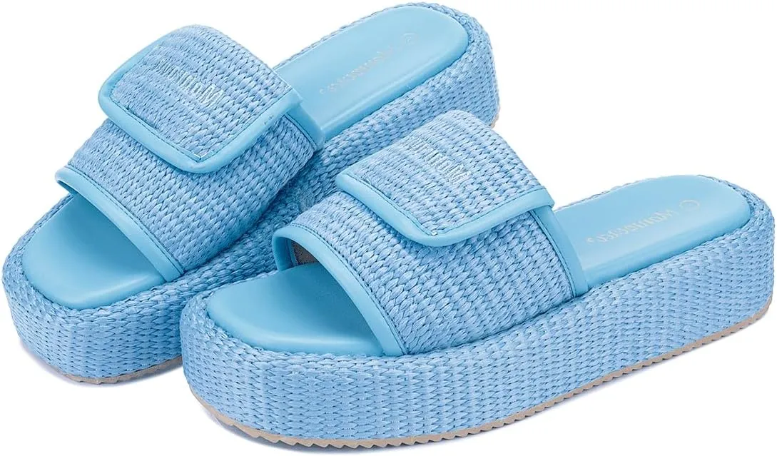 Monrovia Platform Sandals for Women, Wedge Espadrille Slides with Raffia Straw, Comfortable Brown Summer Sandals for Beach, Walking, Camping, Vacation