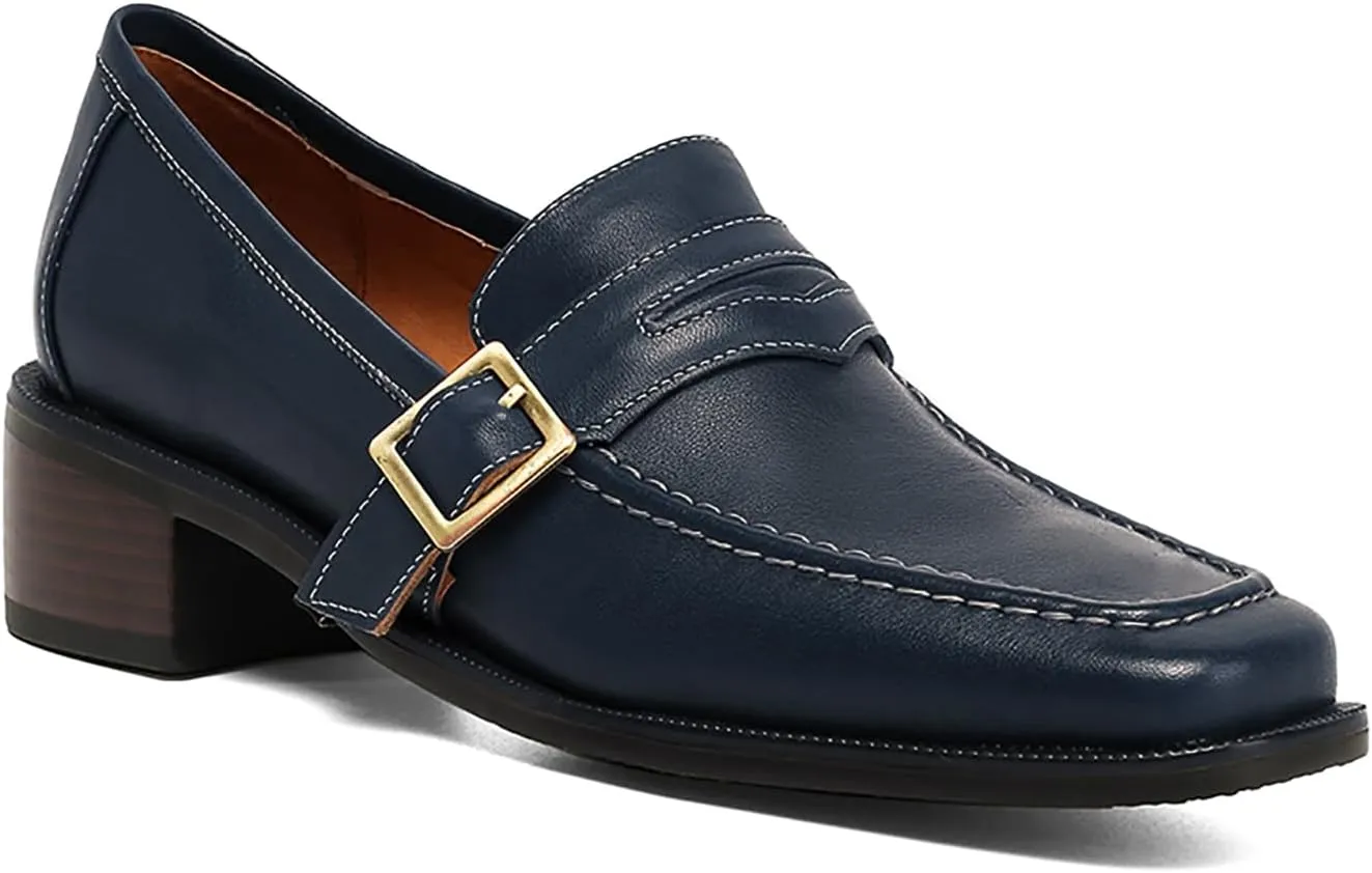 MOOMMO Women Classic Penny Loafers Closed Square Toe Patent Low Heel Loafers Slip On Metal Buckle 2" Chunky Heel Comfy Office Lady Vintage Dress Loafer Shoes Size 4-9 M US