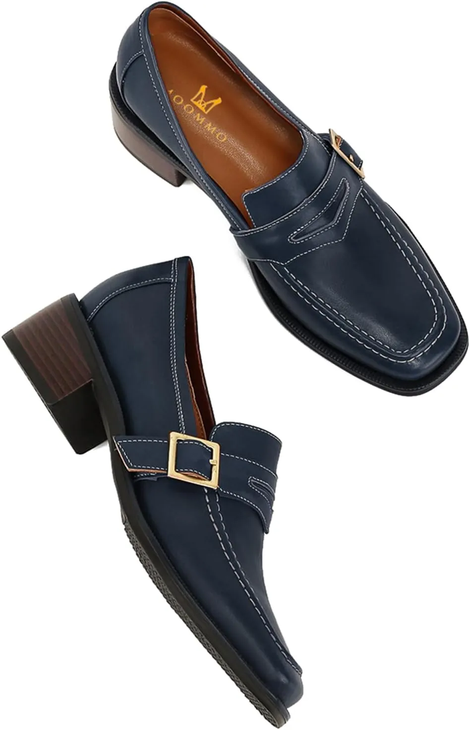 MOOMMO Women Classic Penny Loafers Closed Square Toe Patent Low Heel Loafers Slip On Metal Buckle 2" Chunky Heel Comfy Office Lady Vintage Dress Loafer Shoes Size 4-9 M US