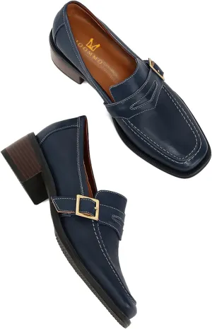 MOOMMO Women Classic Penny Loafers Closed Square Toe Patent Low Heel Loafers Slip On Metal Buckle 2" Chunky Heel Comfy Office Lady Vintage Dress Loafer Shoes Size 4-9 M US