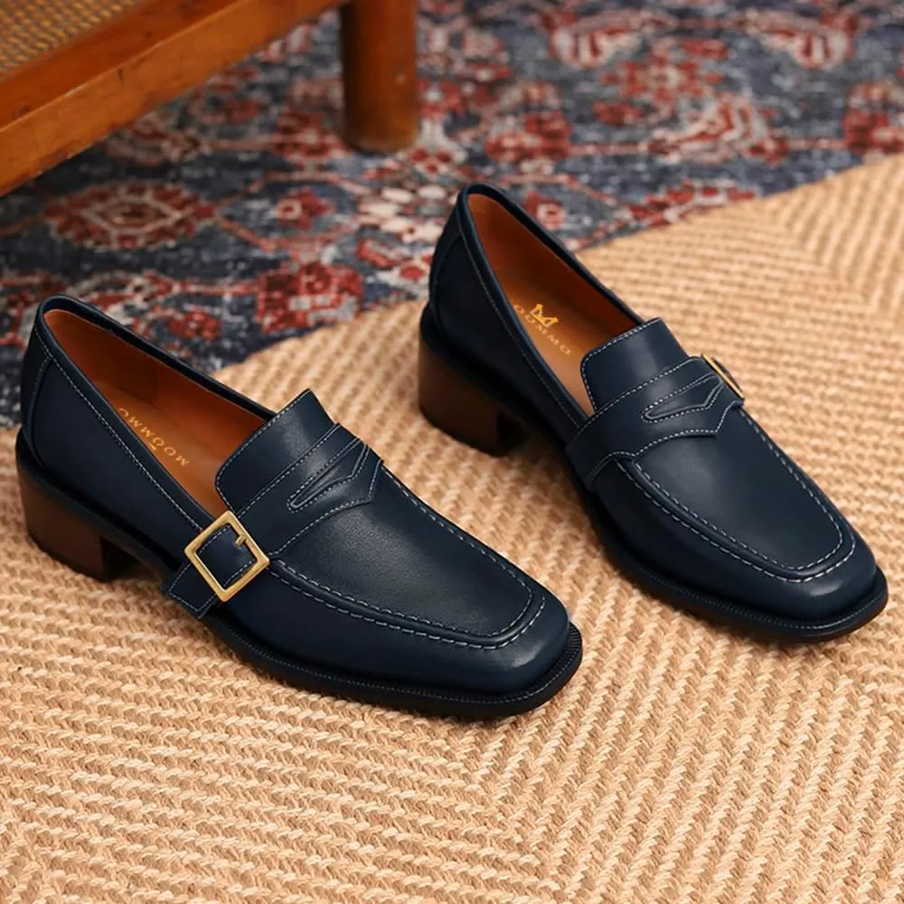 MOOMMO Women Classic Penny Loafers Closed Square Toe Patent Low Heel Loafers Slip On Metal Buckle 2" Chunky Heel Comfy Office Lady Vintage Dress Loafer Shoes Size 4-9 M US