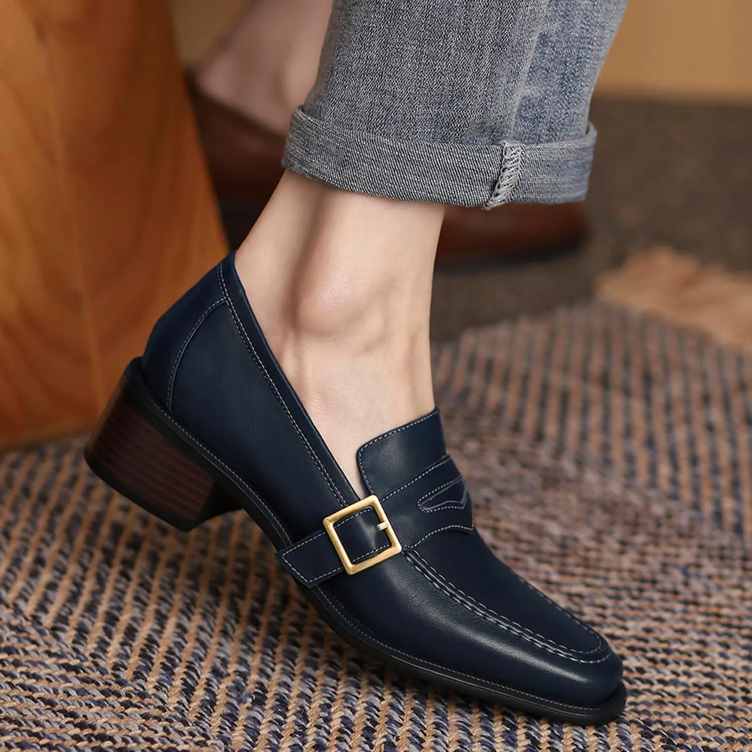 MOOMMO Women Classic Penny Loafers Closed Square Toe Patent Low Heel Loafers Slip On Metal Buckle 2" Chunky Heel Comfy Office Lady Vintage Dress Loafer Shoes Size 4-9 M US