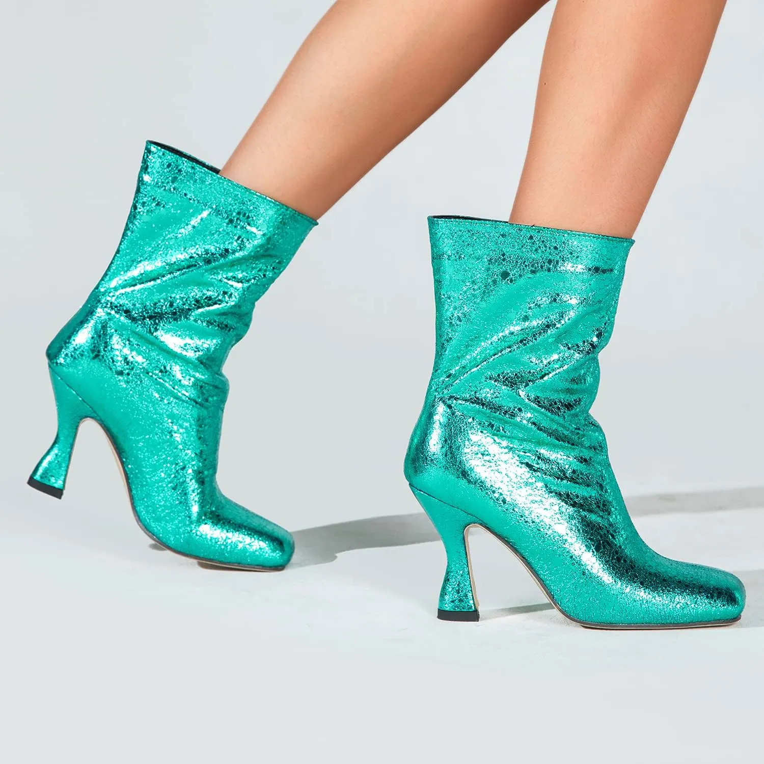 MOOMMO Women Stiletto Ankle Boots Square Toe Chic Pull On 4” High Heel Booties Metallic Textured Patent Leather Glitter Short Boots Wide Calf Sexy Stylish Club Party 6-11 M US