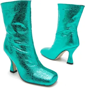 MOOMMO Women Stiletto Ankle Boots Square Toe Chic Pull On 4” High Heel Booties Metallic Textured Patent Leather Glitter Short Boots Wide Calf Sexy Stylish Club Party 6-11 M US