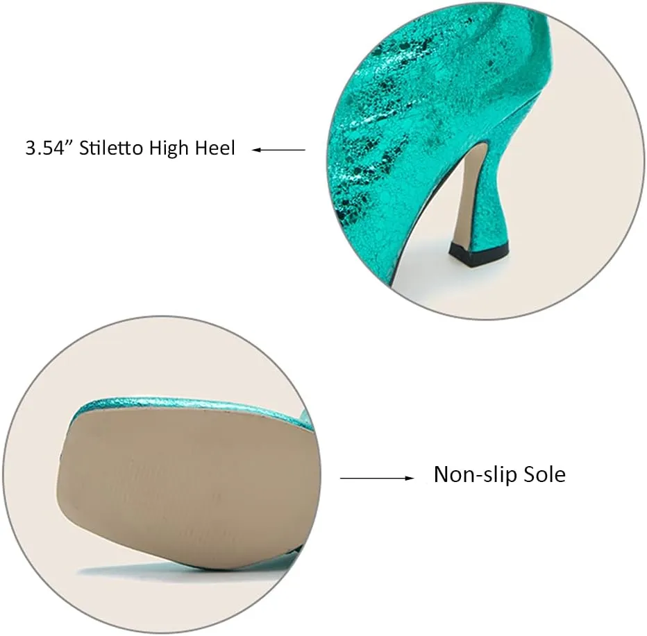 MOOMMO Women Stiletto Ankle Boots Square Toe Chic Pull On 4” High Heel Booties Metallic Textured Patent Leather Glitter Short Boots Wide Calf Sexy Stylish Club Party 6-11 M US