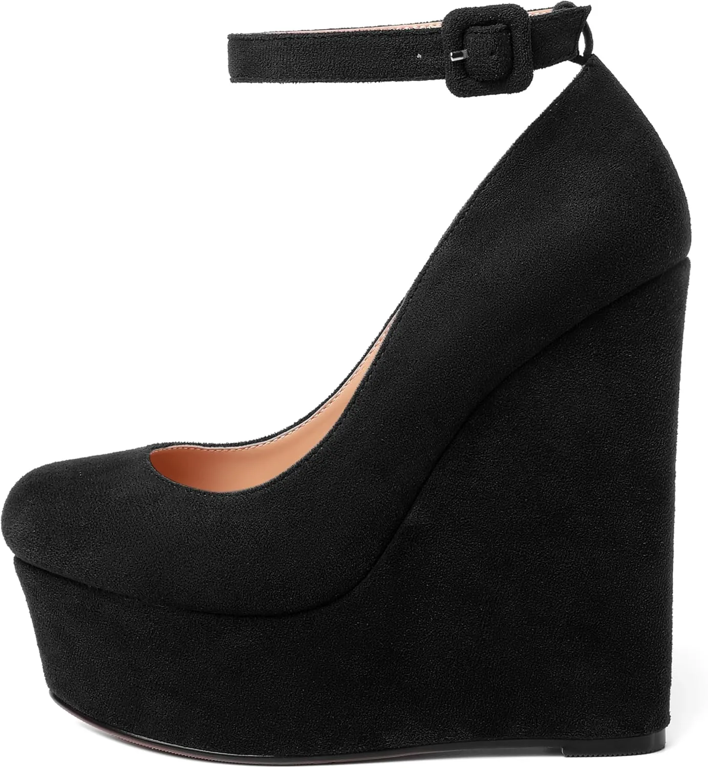 MOVINSTEPS Womens Buckle Fashion Ankle Strap Platform Solid Party Round Toe Suede Wedge High Heel Pumps Shoes 6 Inch
