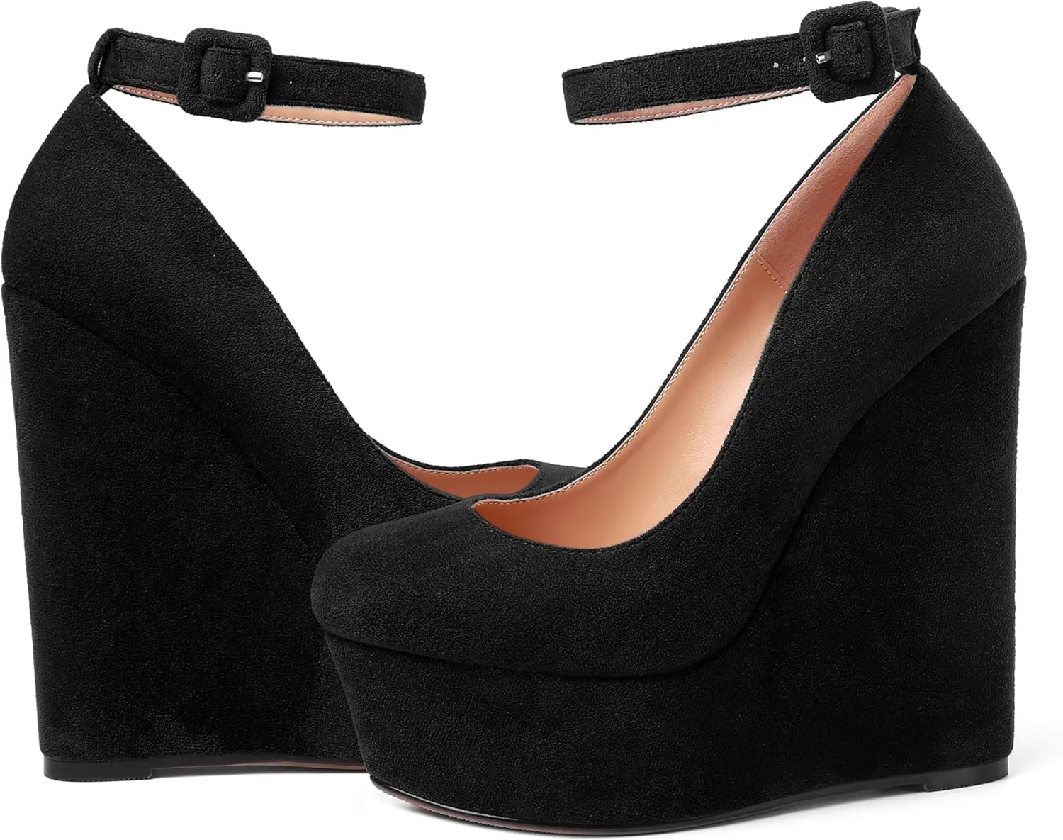 MOVINSTEPS Womens Buckle Fashion Ankle Strap Platform Solid Party Round Toe Suede Wedge High Heel Pumps Shoes 6 Inch