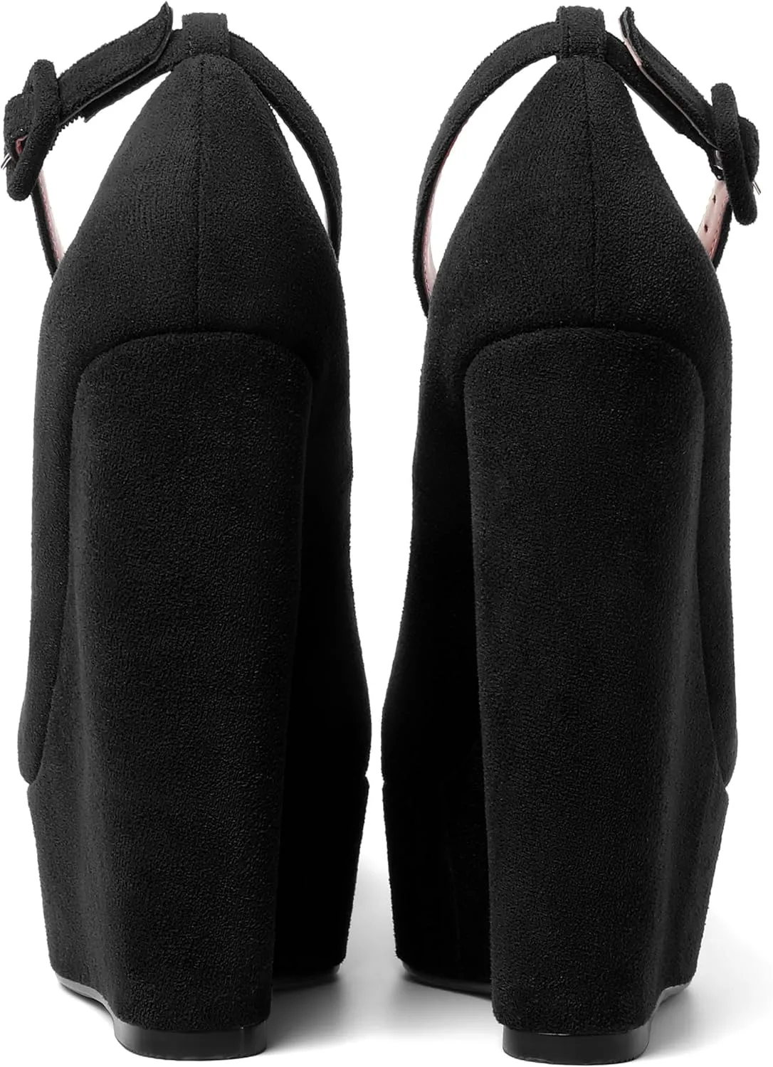 MOVINSTEPS Womens Buckle Fashion Ankle Strap Platform Solid Party Round Toe Suede Wedge High Heel Pumps Shoes 6 Inch