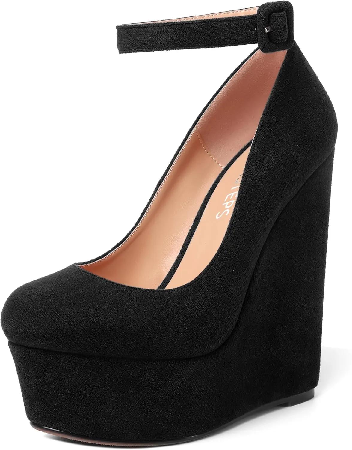 MOVINSTEPS Womens Buckle Fashion Ankle Strap Platform Solid Party Round Toe Suede Wedge High Heel Pumps Shoes 6 Inch