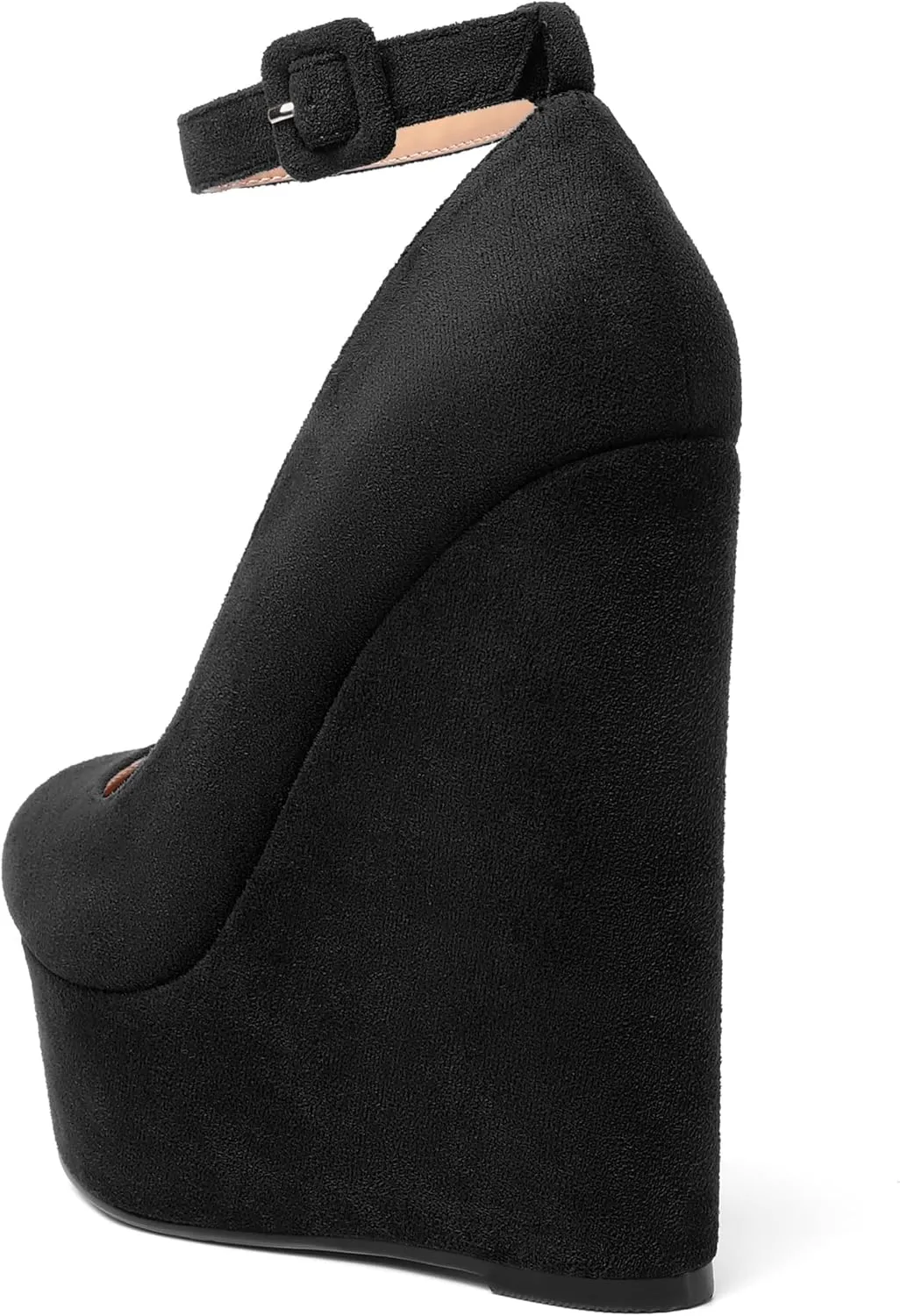 MOVINSTEPS Womens Buckle Fashion Ankle Strap Platform Solid Party Round Toe Suede Wedge High Heel Pumps Shoes 6 Inch