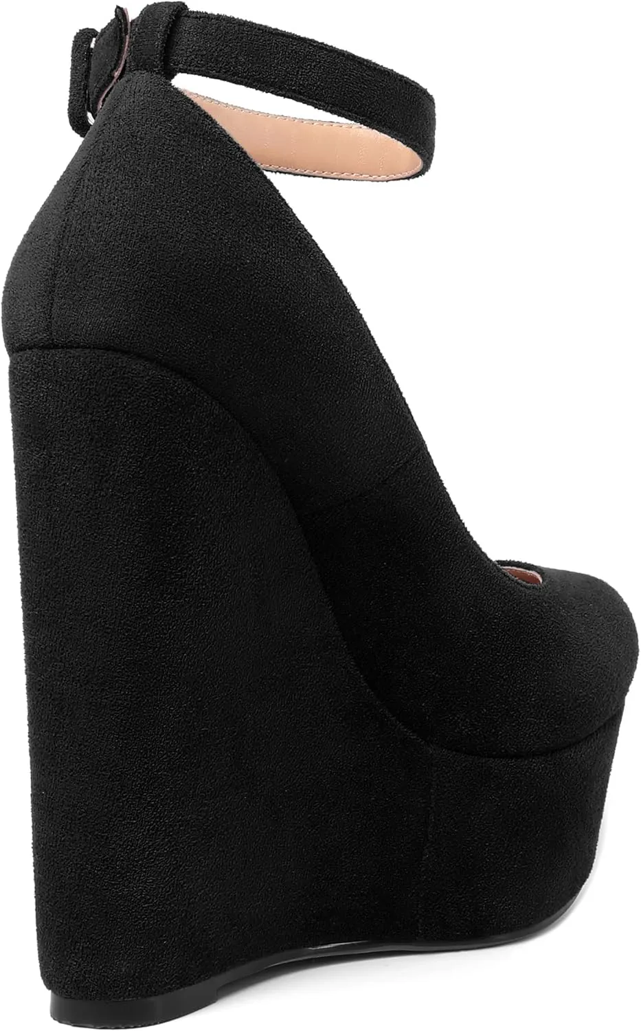 MOVINSTEPS Womens Buckle Fashion Ankle Strap Platform Solid Party Round Toe Suede Wedge High Heel Pumps Shoes 6 Inch
