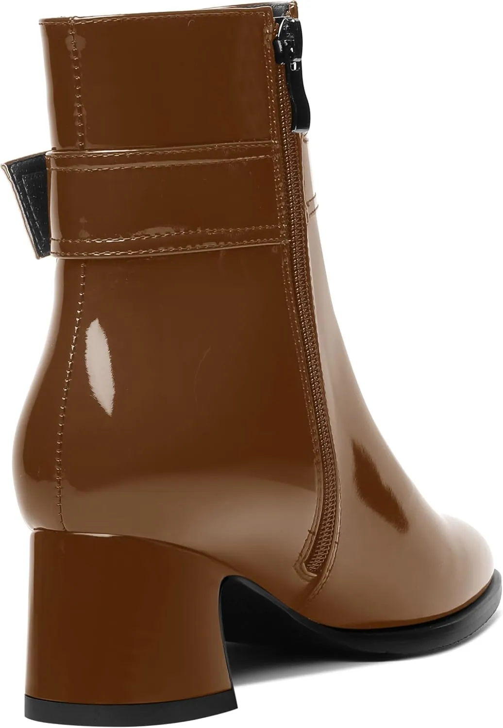MOVINSTEPS Womens Zip Round Toe Cold Weather Patent Outdoor Ankle Strap Solid Chunky Low Heel Ankle High Boots 2 Inch
