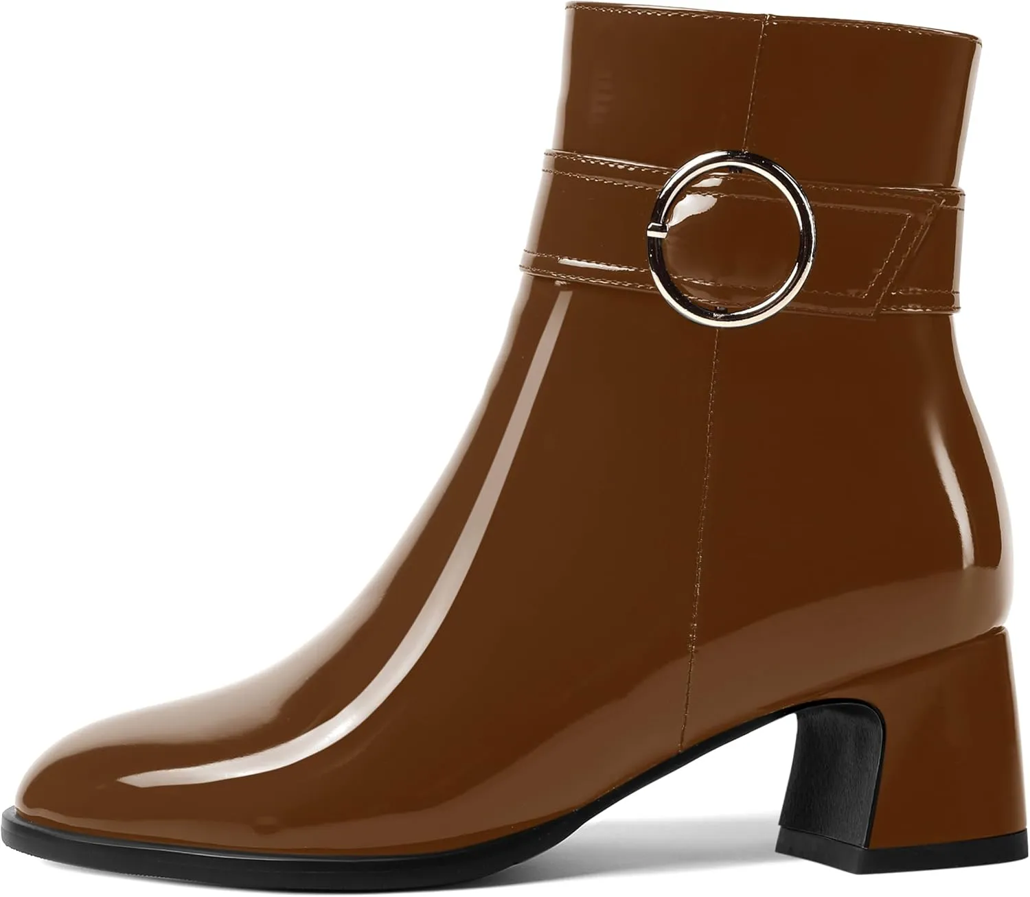 MOVINSTEPS Womens Zip Round Toe Cold Weather Patent Outdoor Ankle Strap Solid Chunky Low Heel Ankle High Boots 2 Inch