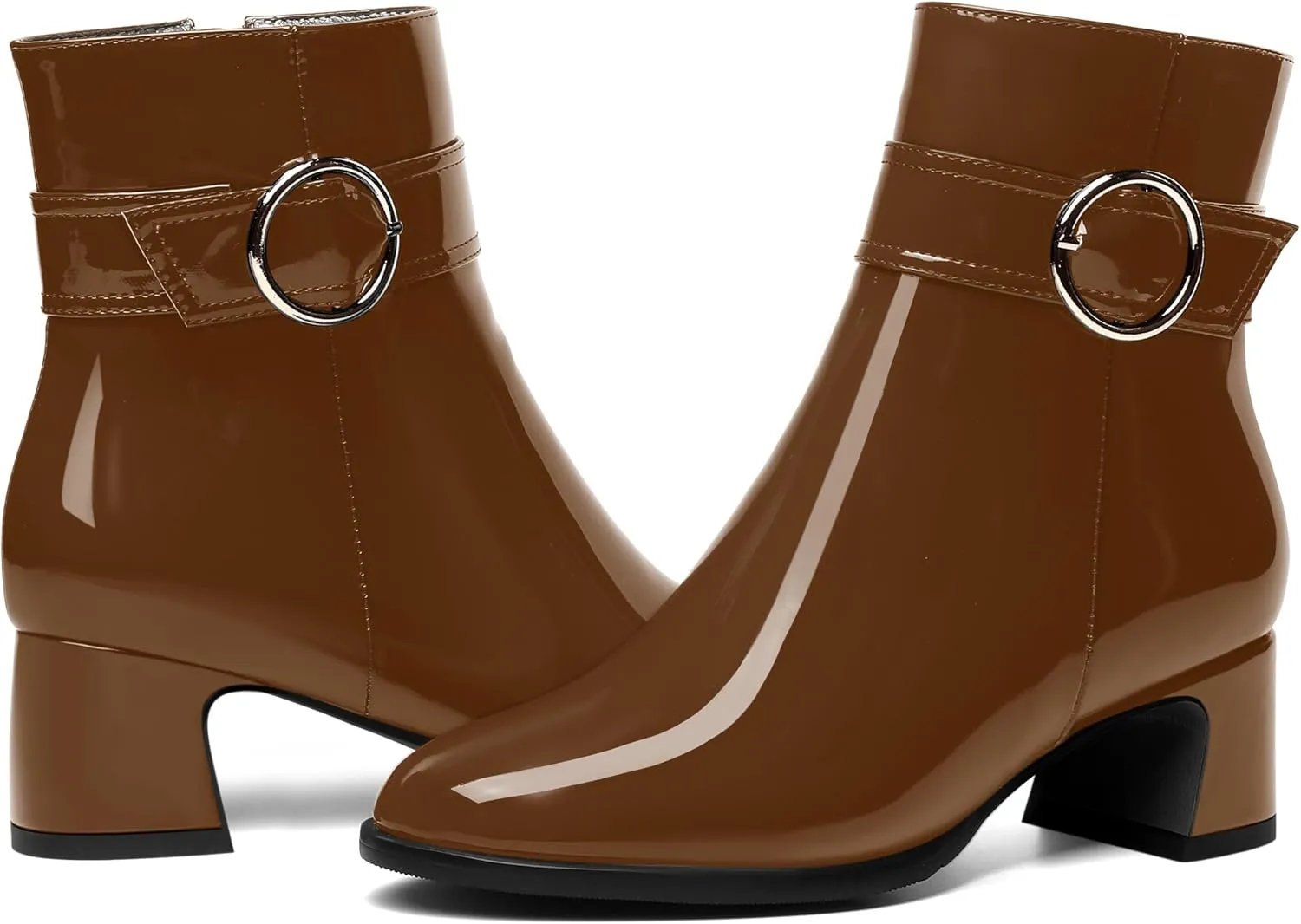 MOVINSTEPS Womens Zip Round Toe Cold Weather Patent Outdoor Ankle Strap Solid Chunky Low Heel Ankle High Boots 2 Inch