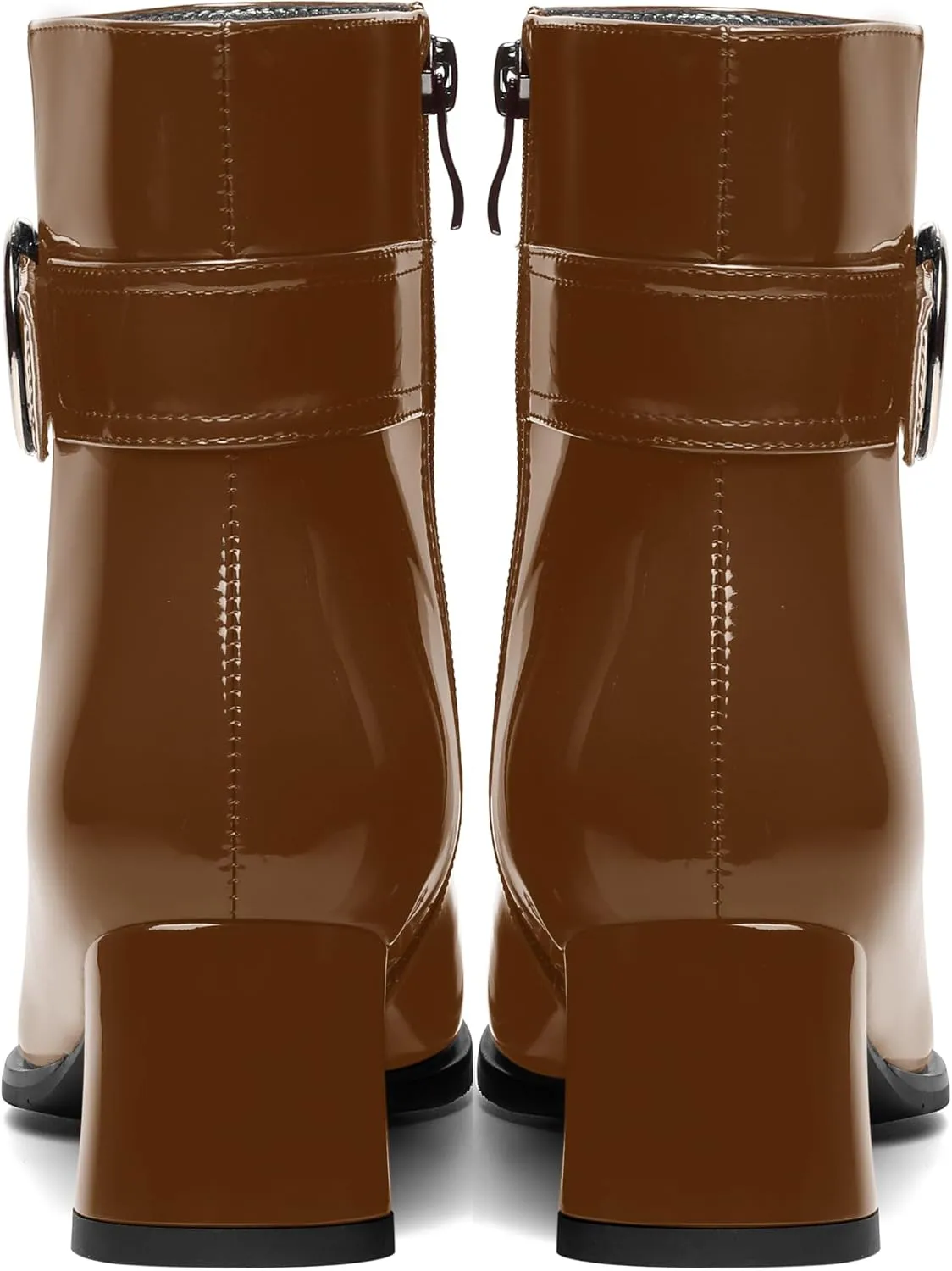MOVINSTEPS Womens Zip Round Toe Cold Weather Patent Outdoor Ankle Strap Solid Chunky Low Heel Ankle High Boots 2 Inch