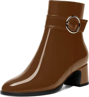MOVINSTEPS Womens Zip Round Toe Cold Weather Patent Outdoor Ankle Strap Solid Chunky Low Heel Ankle High Boots 2 Inch