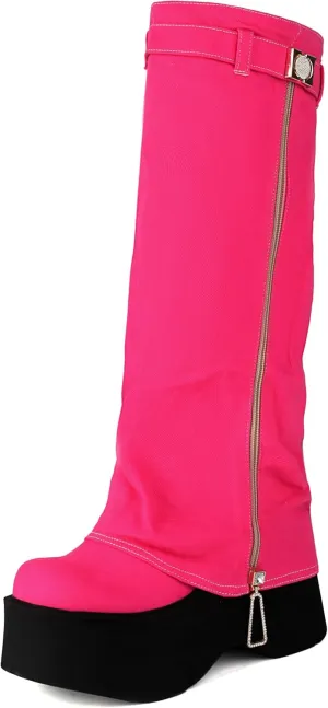 MRKEWUNEY Fashion Fold Over Knee High Boots for Women Wedge Heel Denim Knee High Boots Wide Mid Calf Boots