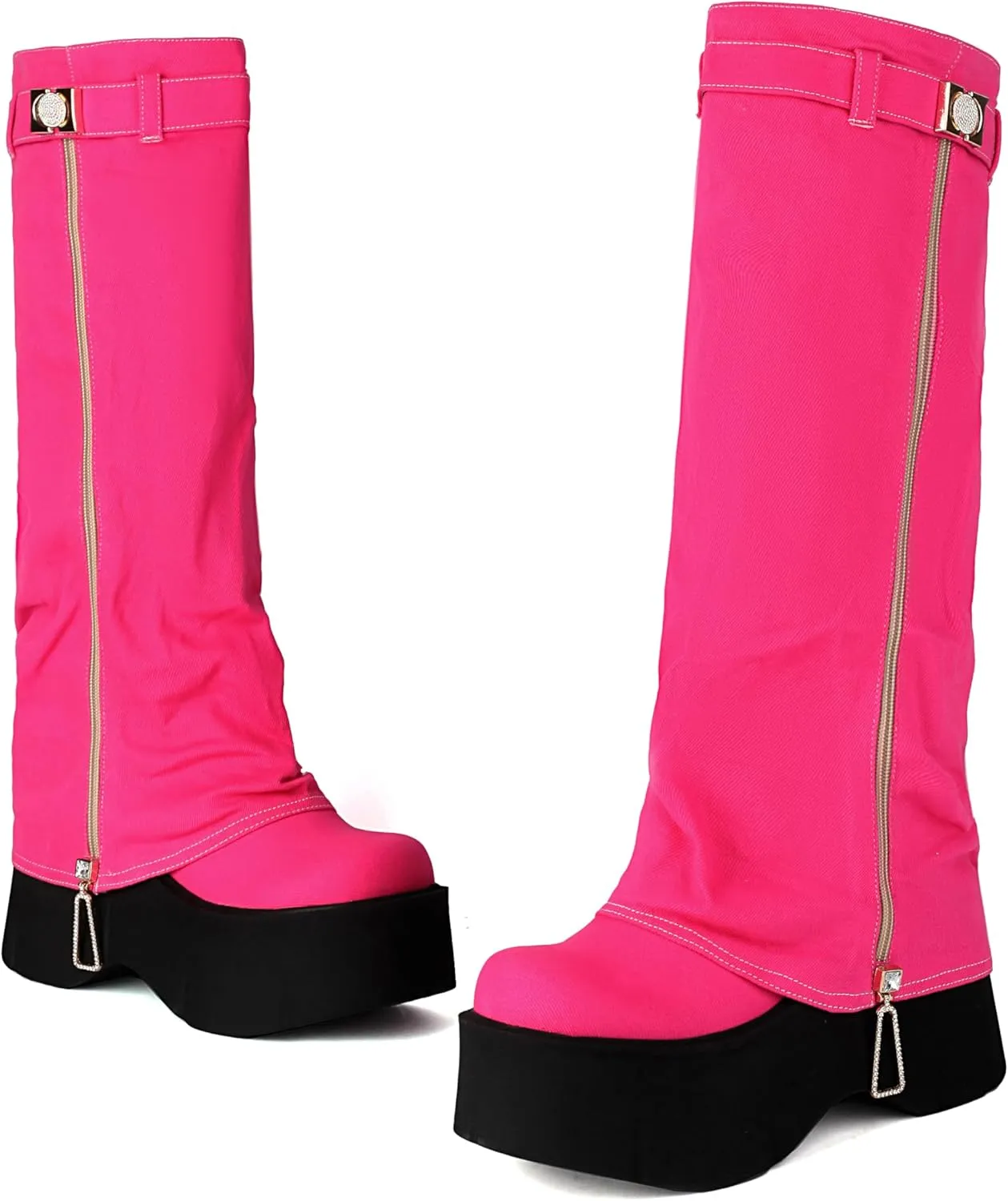MRKEWUNEY Fashion Fold Over Knee High Boots for Women Wedge Heel Denim Knee High Boots Wide Mid Calf Boots
