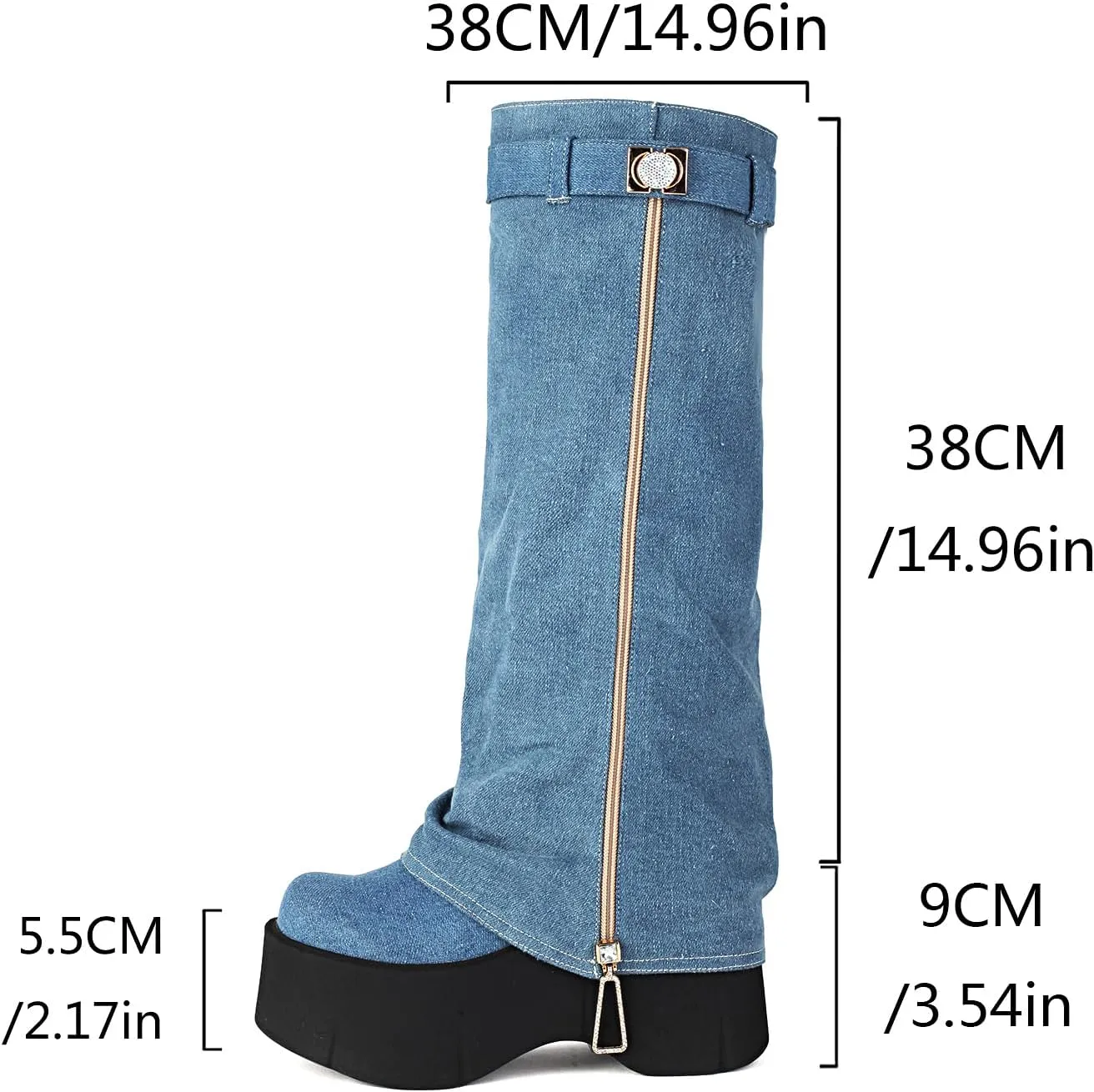 MRKEWUNEY Fashion Fold Over Knee High Boots for Women Wedge Heel Denim Knee High Boots Wide Mid Calf Boots
