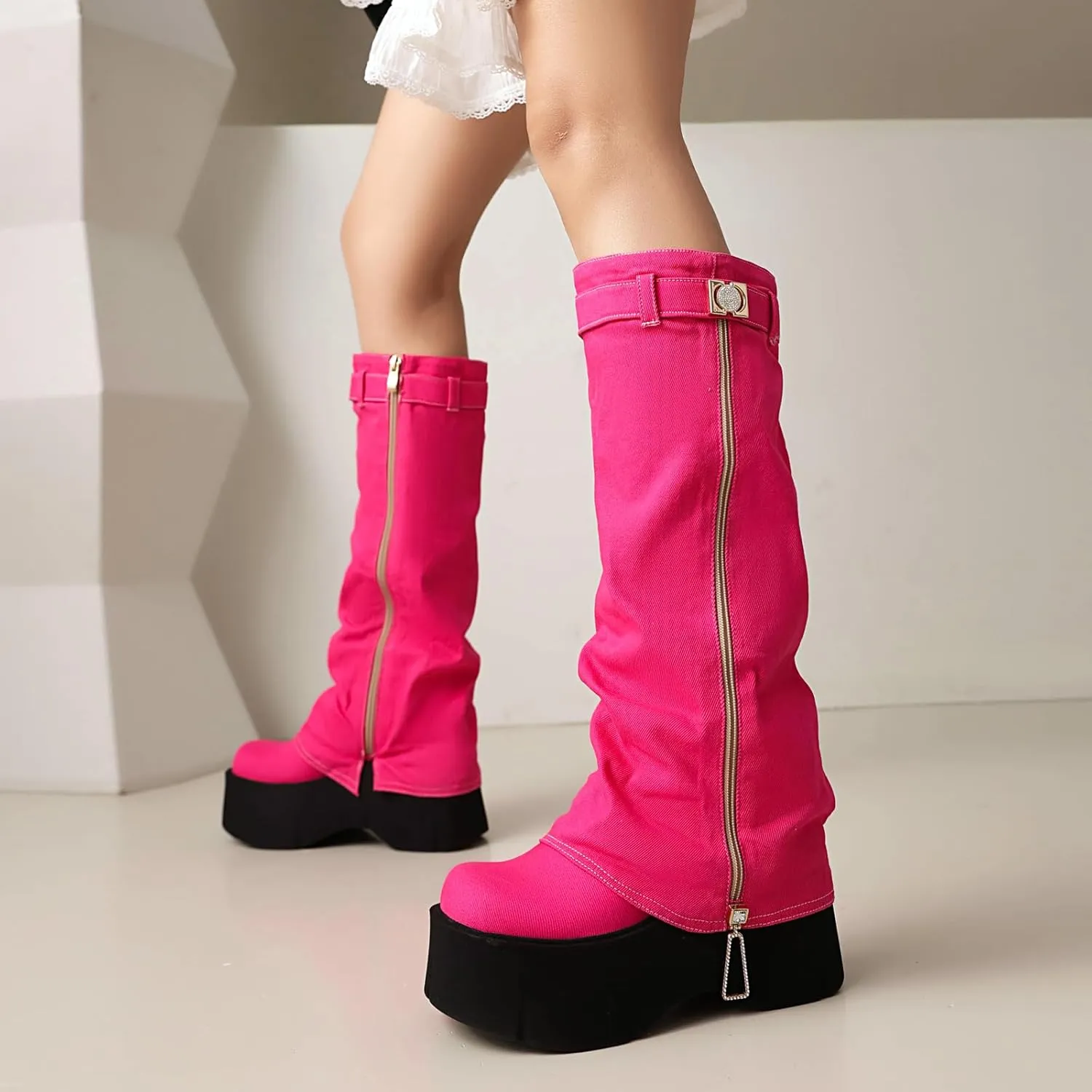 MRKEWUNEY Fashion Fold Over Knee High Boots for Women Wedge Heel Denim Knee High Boots Wide Mid Calf Boots