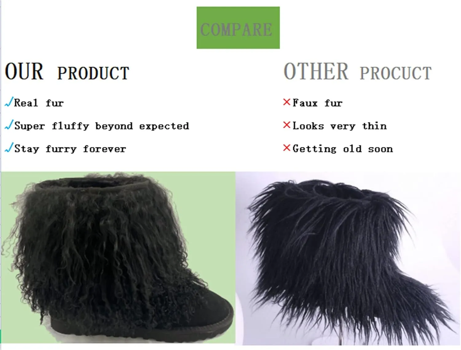 MSBT Women Mongolian Fur Boots with Real Tibetan Fluffy Furry Sheep Curly Skin Snow Boot for Luxury Ladies Winter Warm Outdoor Wear Girls Soft Linning Black White Color Tall High Boots