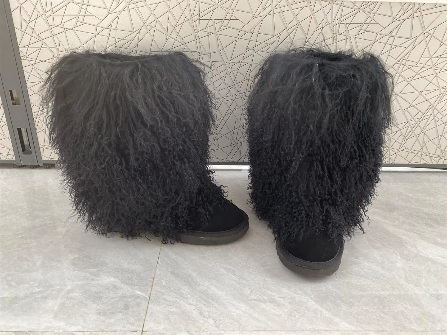 MSBT Women Mongolian Fur Boots with Real Tibetan Fluffy Furry Sheep Curly Skin Snow Boot for Luxury Ladies Winter Warm Outdoor Wear Girls Soft Linning Black White Color Tall High Boots