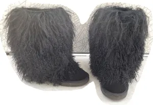 MSBT Women Mongolian Fur Boots with Real Tibetan Fluffy Furry Sheep Curly Skin Snow Boot for Luxury Ladies Winter Warm Outdoor Wear Girls Soft Linning Black White Color Tall High Boots
